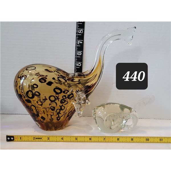 Murano style, hand blown glass elephants. 10” golden amber brown & 4” clear.