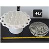 Image 1 : Milk glass open lace dish with 2 flower frogs.