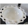 Image 3 : Milk glass open lace dish with 2 flower frogs.