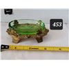 Image 1 : Very nice Antique uranium glass salt cellar in ornate metal tray. Made in Czechoslovakia