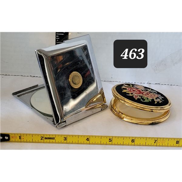 Antique brass powder box, decorated petit point flowers. Vtg. double mirror Compact in pouch.