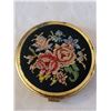 Image 2 : Antique brass powder box, decorated petit point flowers. Vtg. double mirror Compact in pouch.