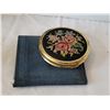 Image 6 : Antique brass powder box, decorated petit point flowers. Vtg. double mirror Compact in pouch.