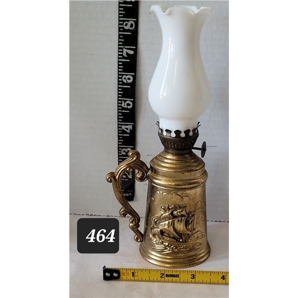 Oil lamp. Solid brass with embossed ships. Hong Kong.