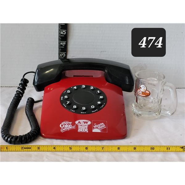 Unique corded red & black phone & small Papa A&W mug.