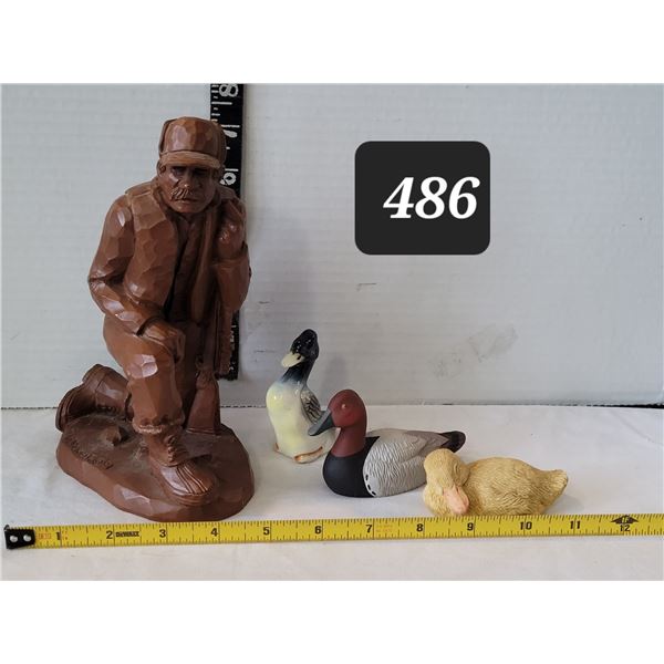 1991 Wetherbee Carved hunter figure & 3 ducks