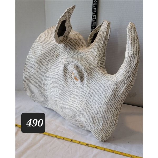 Large paper mache Rhino head wall decor. Handmade in Haiti.