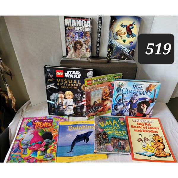 Samsonite briefcase with books, including Lego Star Wars Visual Dictionary.