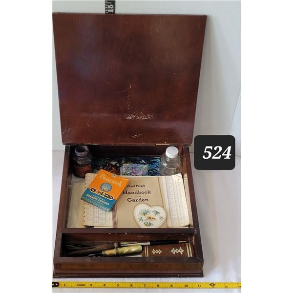 Vintage table top writing desk & contents. Fountain pen, nibs etc.