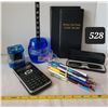 Image 1 : Desk accessories. Sharp calculator, pens, sharpener etc.