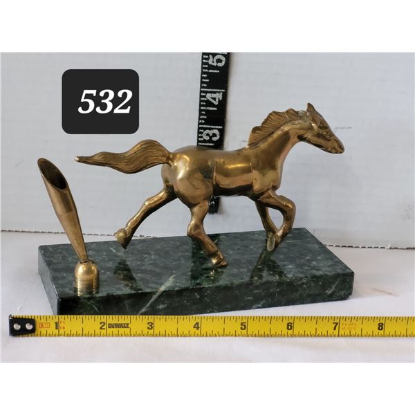 Brass horse desk pen holder on granite base.