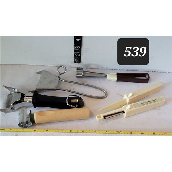 Mid century kitchen tools including detachable handle for corning ware.