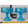 Image 1 : Set of 2 King's Crown aqua blue glass pedestal candy dishes.