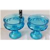 Image 2 : Set of 2 King's Crown aqua blue glass pedestal candy dishes.