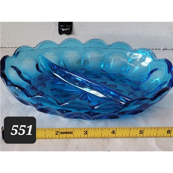 Vintage Anchor Hocking divided laser blue candy/ nut dish.