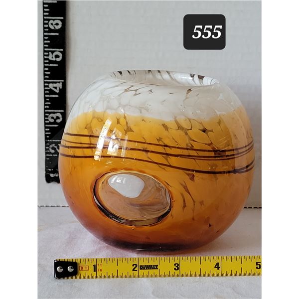 MCM hand blown art glass vase/ candle holder. Caramel & white convex.