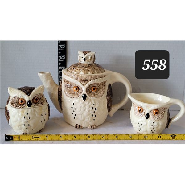 Mid century owl teapot set.  Japan.
