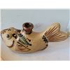 Image 2 : Canoe cribbage board & vintage stoneware hand painted fish bottle.