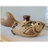 Image 3 : Canoe cribbage board & vintage stoneware hand painted fish bottle.