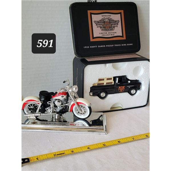 Harley Davidson 1955 Chevy Cameo Pick up dime bank, & FLH Duo-glide motorcycle. Maisto