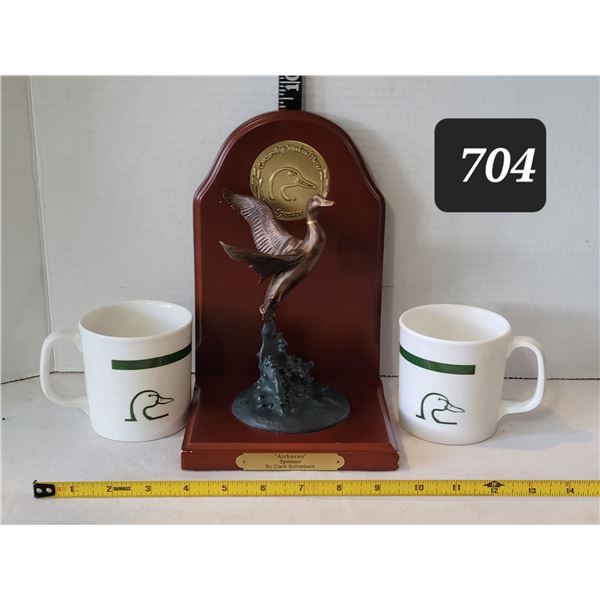Ducks Unlimited mugs & bronze duck “Airborne” by Clark Schreibeis.