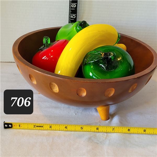 Wood footed bowl with mid century glass fruit.