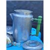 Image 3 : Vtg. Aluminum camping kettle & wood handled coffee percolators.