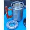 Image 4 : Vtg. Aluminum camping kettle & wood handled coffee percolators.