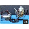 Image 1 : Mid century stainless steel electric coffee Percolator & Duraster whistle kettle.