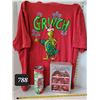 Image 1 : Grinch T-shirt, coffee travel mug & older glass bulb ornaments.
