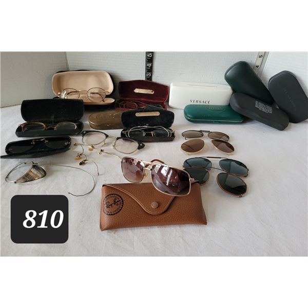 Lot of glasses.Vintage, RayBan  & clip on sun glasses. Old Villson goggle case & others.