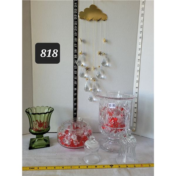Crystal pedestal vase, fish bowl, window rain cloud sun catcher & acrylic bead fillers.