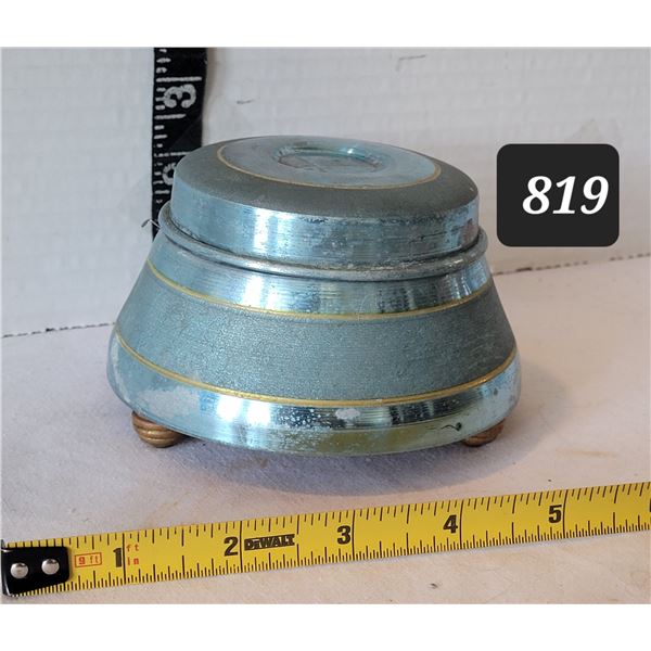 Antique musical powder puff box. Lador Swiss 1930's-'40's, blue aluminum, working