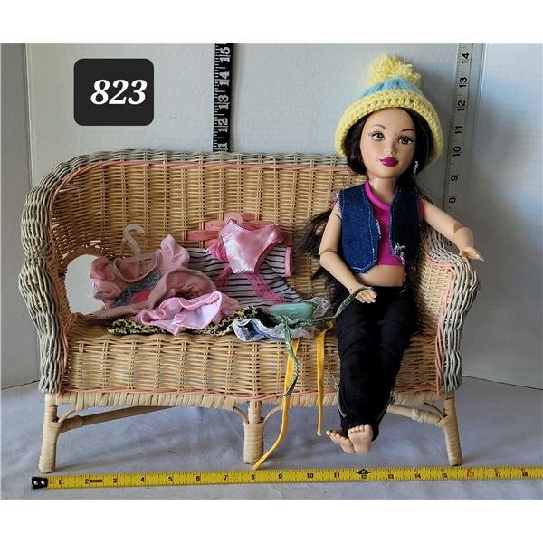 American Girl doll, clothes & wicker bench.