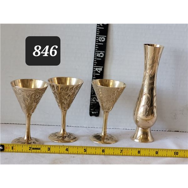 Etched brass liquor goblets & bud vase.