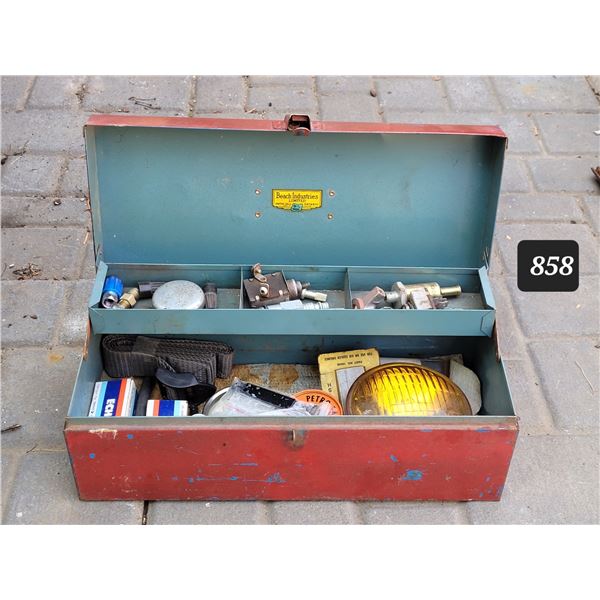 Vintage Beach Industries metal tool box (Ontario) & contents.