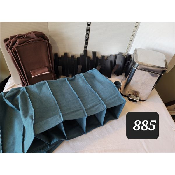 Closet shoe storage, small step on garbage can & coat hook bar.