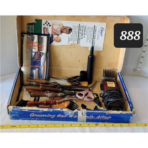 Vintage Box containing old & newer hair cutting tools.