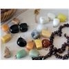 Image 2 : Polished semi precious stones. Polished raw aqua quartz crystal on chain & raw garnet beads.