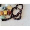 Image 3 : Polished semi precious stones. Polished raw aqua quartz crystal on chain & raw garnet beads.