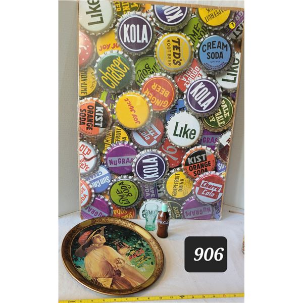 Vtg. Coca-Cola metal tray,Salt shaker & small glass. Kola caps poster.