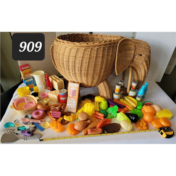 Mid -late century play food packed into unique wicker elephant.