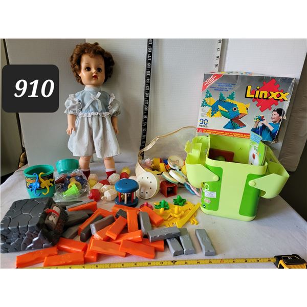 Lot of assorted vintage toys, games & doll. Includes Earthquake Jenga.