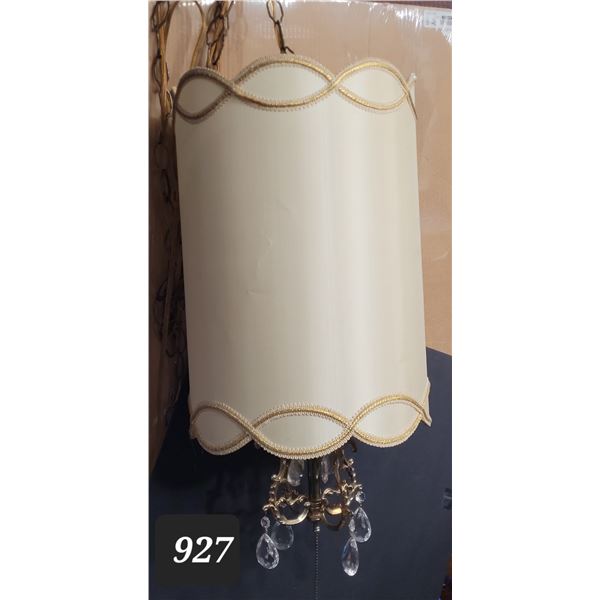 Mid century swag lamp with hanging crystals & pull chain.
