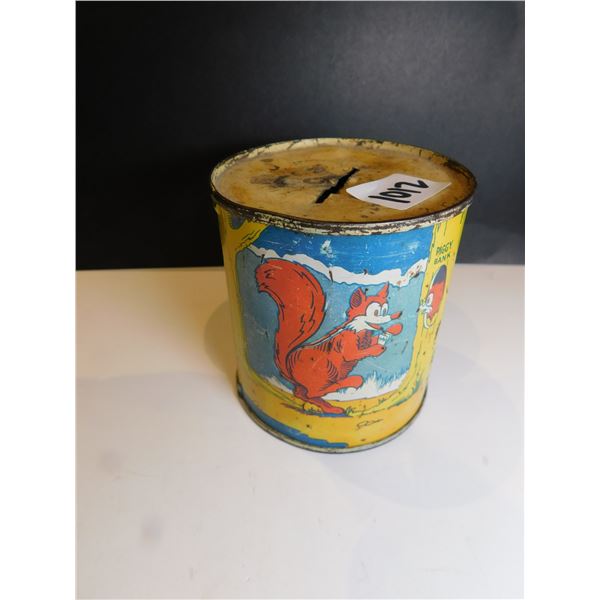1012.  VINTAGE PIGGYBANK, TIN CAN TYPE, GREAT GRAPHICS