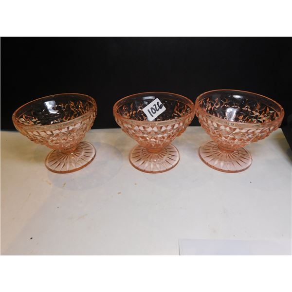 1026.  DEPRESSION ERA, JEANNETTE GLASS, BUTTON AND BOW, 3 DESERT DISHES FEW ISSUES