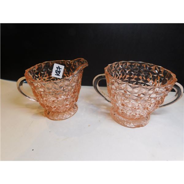 1027.  DEPRESSION ERA, JEANNETTE GLASS, BUTTON AND BOW, CREAM AND SUGAR SMALL,CHIP ON BASE