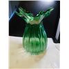Image 2 : 1030.  VINTAGE GREENGLASS HANDBLOWN RUFFLE EDGED VASE