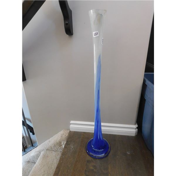 1031.  29” TALL ART GLASS BLUE AND WHITE SWUNG VASE