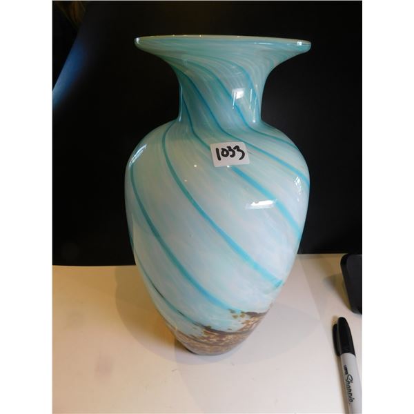 1033.  13” BLUE, WHITE AND BROWN ART GLASS VASE